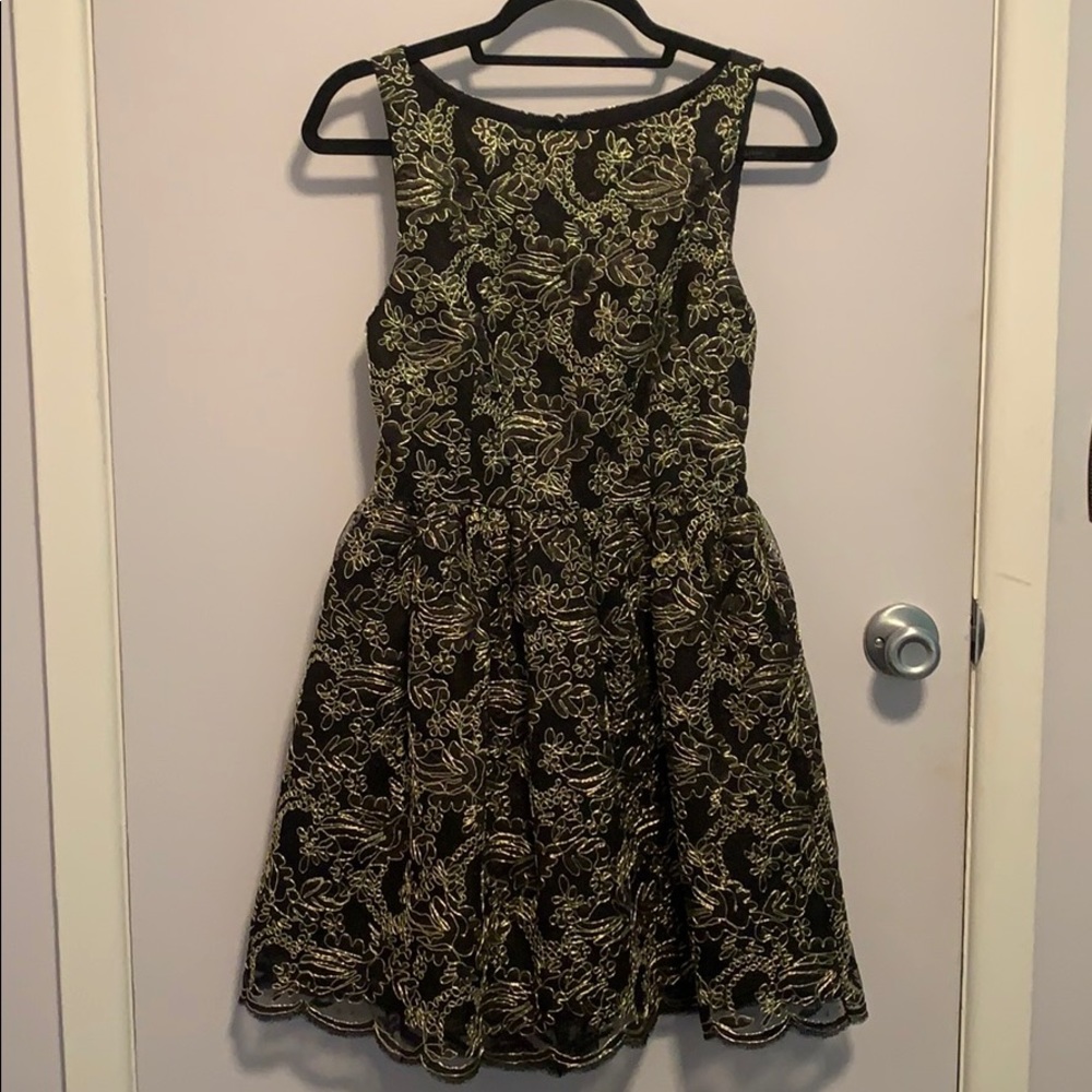Alice + Olivia black and gold lace cocktail dress